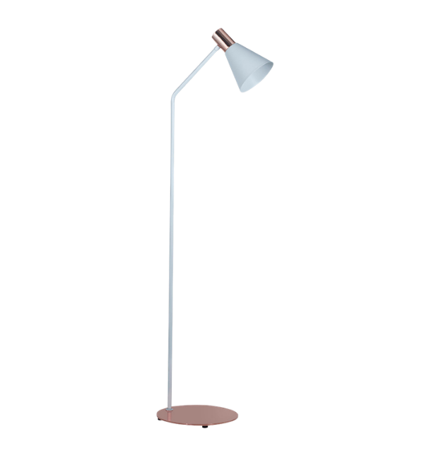 LAMPARA PIE C/ PANTALLA METALICA EMBUDO COMBINADO CON COBRE