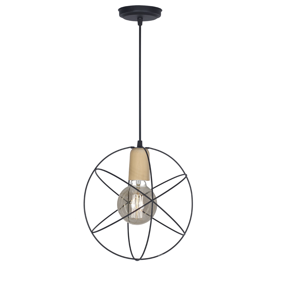 COLG DE ALAMBRE 1L  JAULA ESFERA CON DETALLE EN MADERA